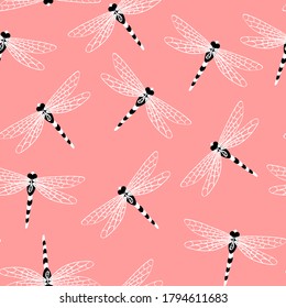 Dragonfly seamless pattern. Decorative hand drawn insects on pink background. Vector illustration.