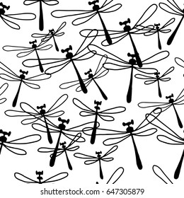 dragonfly seamless pattern design - vector illustration sketch hand drawn with black lines, isolated on white background