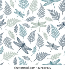 Dragonfly seamless pattern. Fern botanical background. Vector illustration