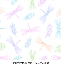 Dragonfly seamless pattern with floral elements. Line style. Hand drawn. Doodle. Vector illustration on a white background. For fabrics, wrapping paper.