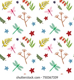 Dragonfly seamless pattern with flowers