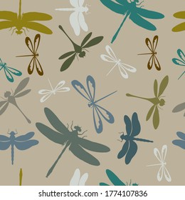 Dragonfly seamless pattern. Good for textile, wrapping, wallpapers, etc. Flying adder isolated on green background. Vector illustration.