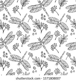 Dragonfly seamless pattern. Hand drawn image. Black and white line sketch on white background. Vector illustration