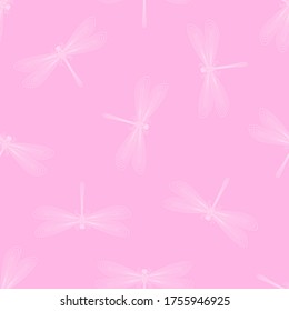 Dragonfly seamless pattern. Hand drawn. Doodle. Vector illustration on a pink background. For fabrics, wrapping paper. Linear style. Delicate decorative insects.