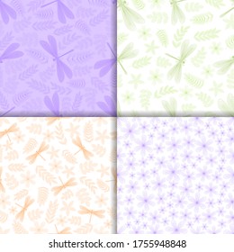 Drachenfliege nahtloses Muster mit Blättern, Blumen, Ästen. Handgezeichnet. Doodle. Vektorgrafik. Für Gewebe: Umhüllungspapier. Linearer Stil. Delikate Zierinsekten. Kollektion.