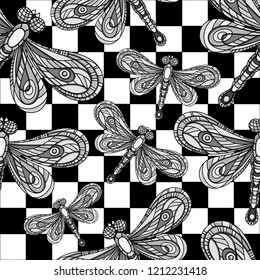 Dragonfly seamless pattern. Dragonfly on black and white square background. Creative background with insect. Vector illustration. Wallpaper for textile and fabric. Fashion style. Colorful bright