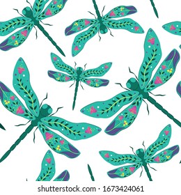 Dragonfly seamless pattern on white background. vector illustration