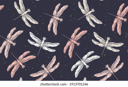 Dragonfly seamless pattern. Pink vintage retro print. Hand drawn vector illustration. Pink purple pattern in pastel tones. Pajama pattern design.