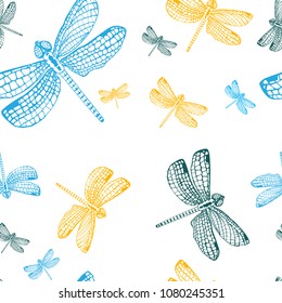 dragonfly, seamless pattern, vector illustration , hand drawing, ink, colored outlines on white background