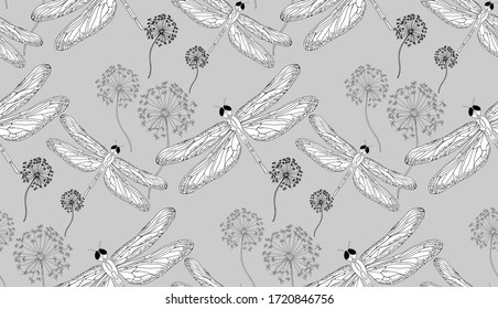 Dragonfly seamless pattern. Vector illustration. Suitable for fabric, mural, wallpapers, wrapping paper and the like