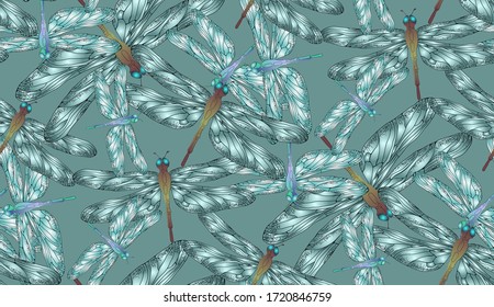 Dragonfly seamless pattern. Vector illustration. Suitable for fabric, mural, wallpapers, wrapping paper and the like