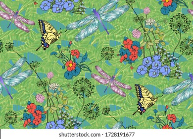 Dragonfly seamless pattern. Vector illustration. Suitable for fabric, mural, wallpapers, wrapping paper and the like