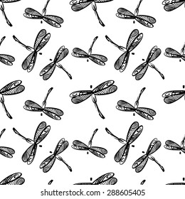 Dragonfly. Seamless pattern.Monochrome image, painting.Blank fabric, stamping, wrapping paper.