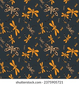 Dragonfly Seamless repeat pattern in dark blue background, abstract motif minimalist classic colorful,  V ector graphics of printing on fabric, paper printing.