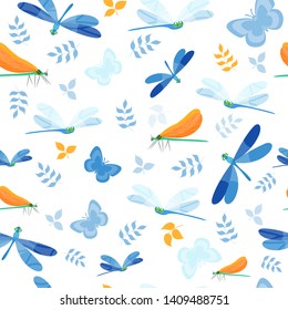 Dragonfly. Seamless texture of dragonfly and butterfly. Animals. Can be used for wallpaper, pattern fills, textile, web page background, surface textures. Vector illustration. White.