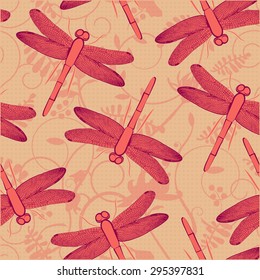Dragonfly seamless vector pattern. Bright summer background with dragonflies & plants. Use for textiles, interior & pillow decoration, wrapping paper, linens, cosmetics labeling. Editable