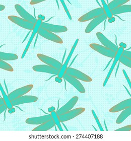 Dragonfly seamless vector pattern in turquoise. Bright summer background with dragonflies & plants. Use for textiles, interior & pillow decoration, wrapping paper, linens, cosmetics labeling. Editable