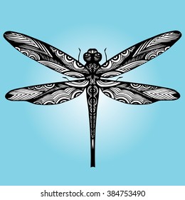 Dragonfly. Set. Line art. Tattoo. Black and white. Dudling. Zentangl. Stylized. Decorative. Drawing by hand. Isolated. Background.