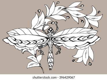 Dragonfly. Set. Line art. Tattoo. Black and white. Stylized. Decorative. Drawing by hand. Isolated. Background. Dragonfly on a flower. Branch.