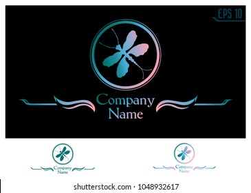 dragonfly silhouette in a circle. logo for the company in bluish-pink gradient color with monochrome option
