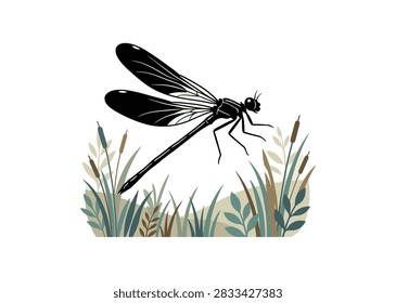 Dragonfly Silhouette Hovering Above Grass and Reeds – Black Vector Insect with Detailed Wings in Natural Wetland Habitat – Stylized Illustration for Wildlife, Pond, Nature, and Environmental Concepts