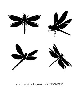 Dragonfly Silhouette Icon Set Insect Dragonfly Collection isolated on white background. Set of dragonfly silhouette icons with different wing shapes and positions. Ideal for insect graphics, wildlife illustrations, nature themes and logo design.