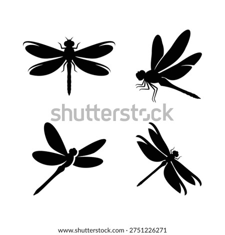 Dragonfly Silhouette Icon Set Insect Dragonfly Collection isolated on white background. Set of dragonfly silhouette icons with different wing shapes and positions. Ideal for insect graphics, wildlife illustrations, nature themes and logo design.
