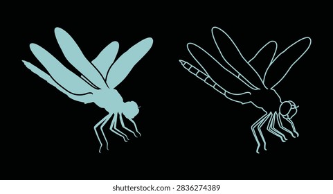 Dragonfly silhouette insect graphic element isolated on black background