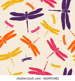Dragonfly silhouette seamless pattern colorful nature background