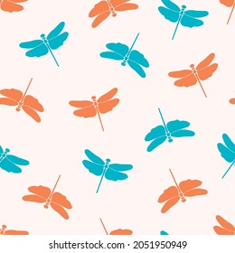 Dragonfly silhouette seamless pattern. Red and blue cartoon dragonflies vector illustration. Abstract colorful design for fabric, packaging, scrapbooking, online store.
