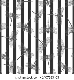 dragonfly silhouette seamless pattern. vector illustration.