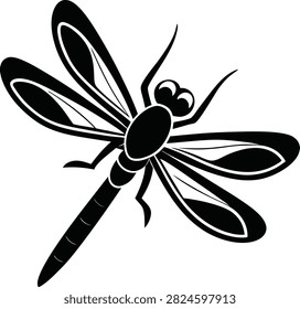 Dragonfly silhouette vector, black insect icon or damselfly graphic illustration isolated on white background