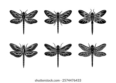 Dragonfly silhouette vector set with white background