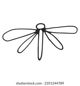 Dragonfly simple linear drawing, black outline. Hand drawn, vector, on white background isolated. View from above.