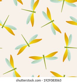 Dragonfly simple seamless pattern. Repeating dress textile print with darning-needle insects. Graphic water dragonfly vector background. Fauna organisms seamless. Damselflies with wings.
