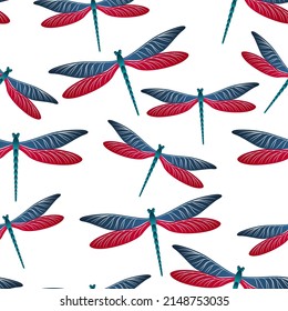 Dragonfly simple seamless pattern. Repeating dress textile print with flying adder insects. Garden water dragonfly vector wallpaper. Nature breathers seamless. Damselfly silhouettes.