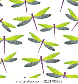 Dragonfly simple seamless pattern. Repeating dress textile print with damselfly insects. Close up water dragonfly vector background. Wildlife beings seamless. Damselflies with wings.