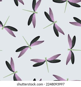 Dragonfly simple seamless pattern. Repeating dress textile print with darning-needle insects. Garden water dragonfly vector background. Nature organisms seamless. Damselfly bugs.