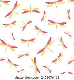 Dragonfly simple seamless pattern. Repeating clothes fabric print with flying adder insects. Flying water dragonfly vector background. Nature breathers seamless. Damselfly silhouettes.