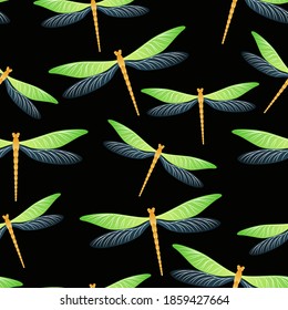 Dragonfly simple seamless pattern. Spring dress textile print with darning-needle insects. Garden water dragonfly vector wallpaper. Nature creatures seamless. Damselfly silhouettes.