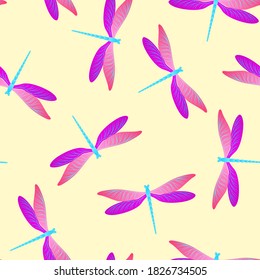 Dragonfly simple seamless pattern. Summer dress fabric print with damselfly insects. Isolated water dragonfly vector ornament. Fauna beings seamless. Damselflies with wings.