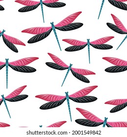 Dragonfly simple seamless pattern. Summer clothes fabric print with darning-needle insects. Garden water dragonfly vector wallpaper. Fauna creatures seamless. Damselflies with wings.