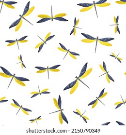 Dragonfly simple seamless pattern. Summer dress textile print with flying adder insects. Isolated water dragonfly vector ornament. Wildlife organisms seamless. Damselflies with wings.