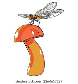 La libélula se sienta en una ilustración portadora de hongos 