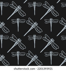 Dragonfly sketch vector seamless pattern