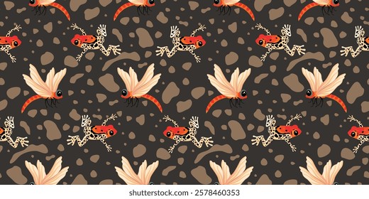 Dragonfly and Spotted Frog seamless pattern. Abstract shapes background with cute animal characters. Colorful print on fabric and paper. Vector design for textile,wallpaper,cover.Flat  illustration.