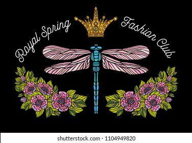 Dragonfly, spring, roses, crown flowers embroidery patch red. Flowers floral leaf wings Insect embroidery  t shirt fashion. Hand drawn vector illustration