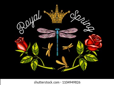 Dragonfly, spring, roses, crown flowers embroidery patch red. Flowers floral leaf wings Insect embroidery  t shirt fashion. Hand drawn vector illustration