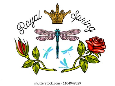 Dragonfly, spring, roses, crown flowers embroidery patch red. Flowers floral leaf wings Insect embroidery  t shirt fashion. Hand drawn vector illustration