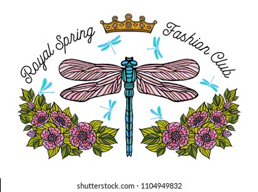 Dragonfly, spring, roses, crown flowers embroidery patch red. Flowers floral leaf wings Insect embroidery  t shirt fashion. Hand drawn vector illustration